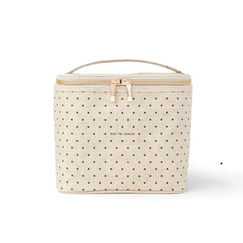 NWT-KATE SPADE / OUT TO LUNCH Tan Polka Dot Top Zip Lunch / Travel / Makeup Bag